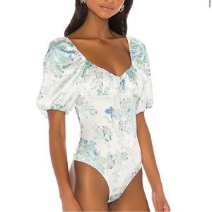 For Love and Lemons Limelight Bodysuit Blue Floral Puff Sleeves